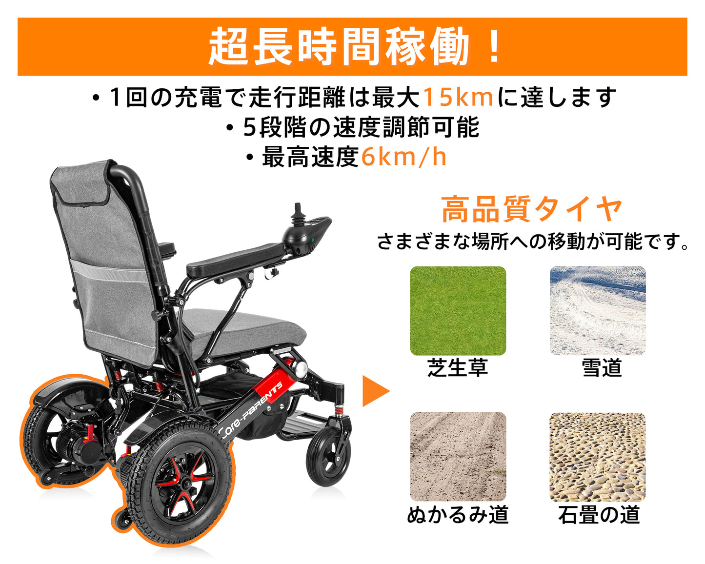 Care-Parents 電動車椅子 折りたたみ 軽量 全自動電動車いす 電磁自動ブレーキ バッテリー着脱 360°コントローラー 最大走行15km 歩行補助 耐荷重130kg 軽量リチウム電池 運転免許不要 CE認証 介護 介助用 自走式 高齢者・障害者・初心者用(CP-D7301)