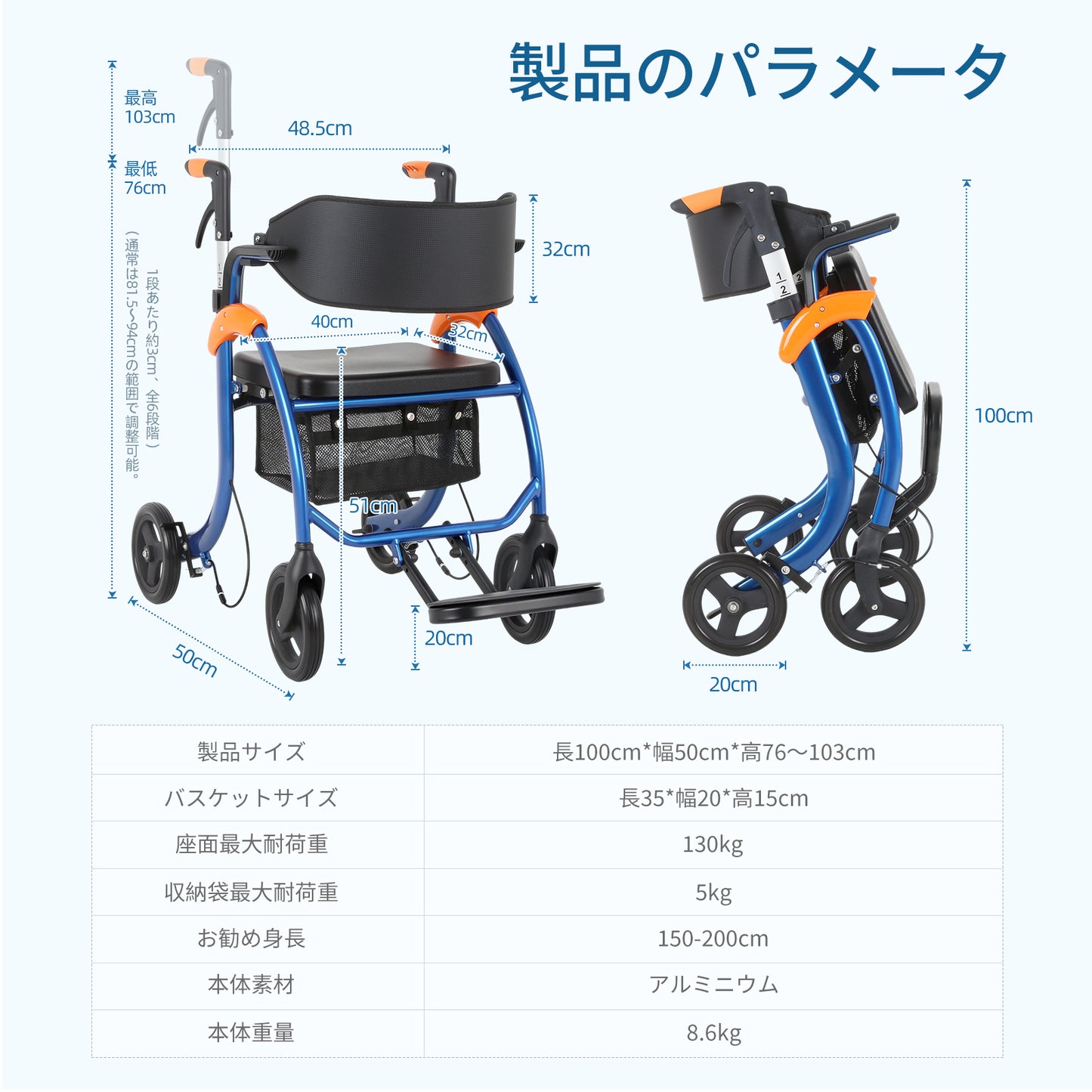 Care-Parents 歩行器 軽量8.6kg アルミ製 座れる 耐荷重130kg 折り畳み式 高さ6段調節 ブレーキロック機能付き バッグ付き 多機能3WAY（ショッピングカート/歩行補助/簡易車椅子） 老人 四輪歩行車 歩行補助 高齢者用 室内 屋外 シルバーカー （IN-DZ02）