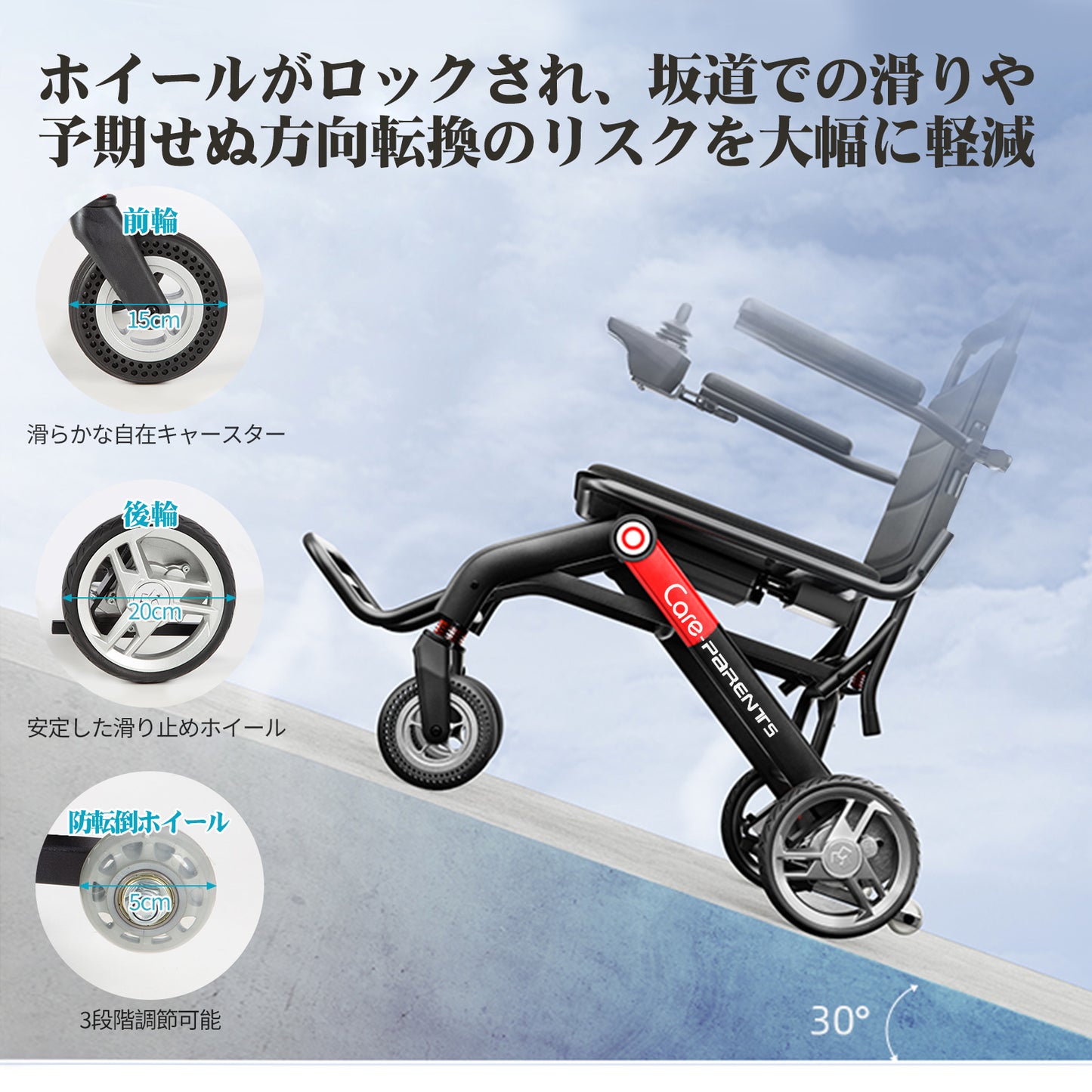 Care-Parents 電動車椅子 折畳み 軽量 16.25kg コンパクト 車椅子 高齢者用 電動ミニカー アルミ合金 軽量電動車椅子 耐荷重100kg 走行20KM 電磁ブレーキ 取り外し可能なバッテリー 手すり灯つき (CP-0020)