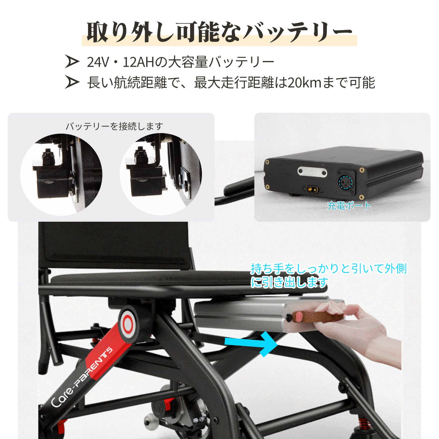 Care-Parents 電動車椅子 折畳み 軽量 16.25kg コンパクト 車椅子 高齢者用 電動ミニカー アルミ合金 軽量電動車椅子 耐荷重100kg 走行20KM 電磁ブレーキ 取り外し可能なバッテリー 手すり灯つき (CP-0020)