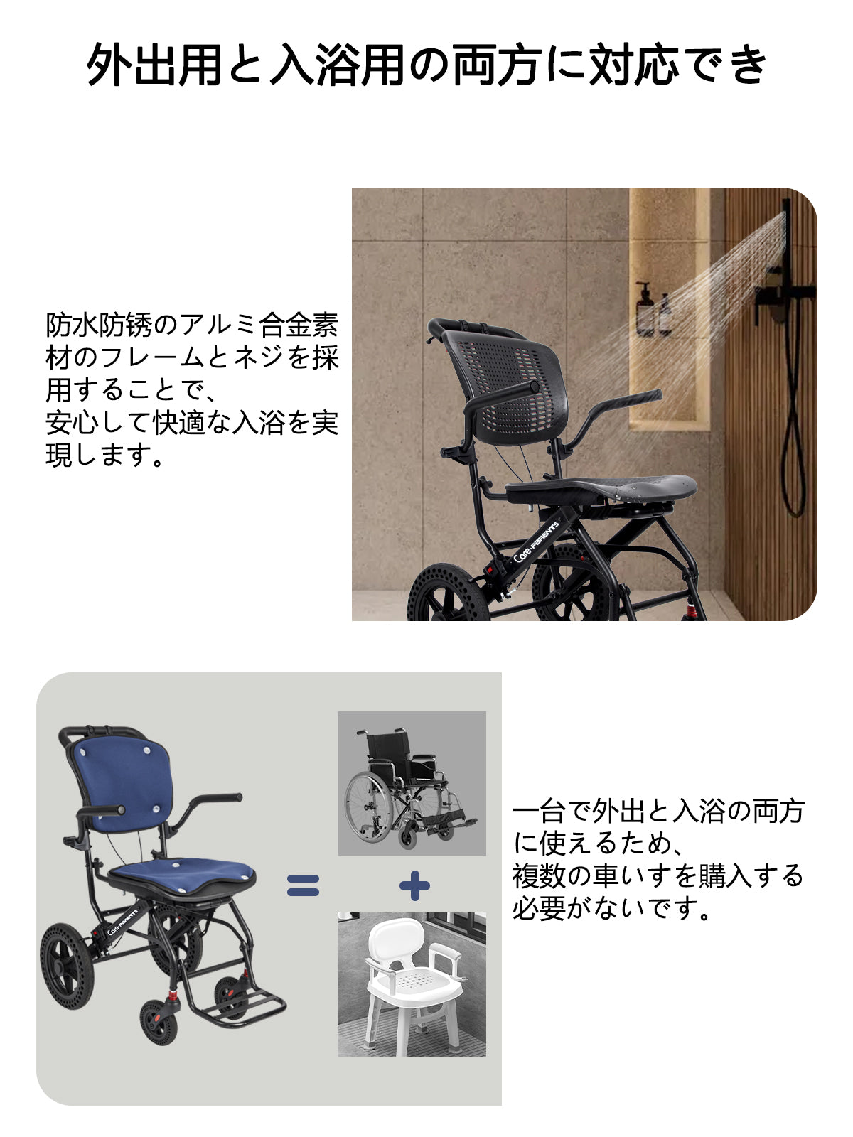 Care-Parents 車椅子 入浴用車椅子 介助用車いす シャワーチェア アルミ製 折りたたみ式 軽量 コンパクト車椅子 透気性 介助ブレーキ付き 可伸縮キャリハンドル付き 入浴用 屋内用 外出用 旅行用 (青色 CP-0903Pro)