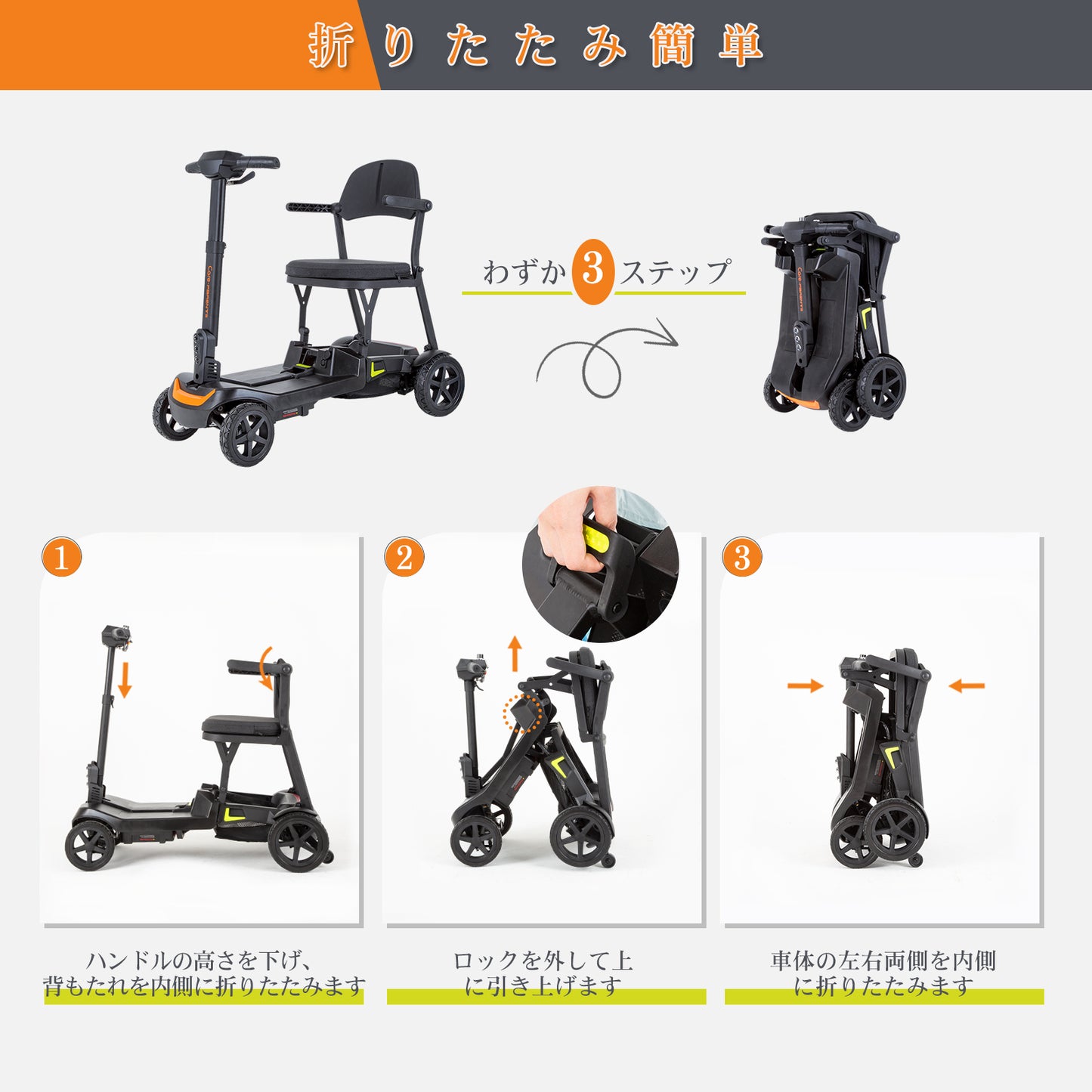 Care-parents 電動シニアカー 電動車椅子 折り畳み式 軽量 コンパクト（16.8kg） 耐荷重120kg 15km航続 PUソリッドタイヤ LEDヘッドライト 手動/電動デュアルモード 2WAY充電 リチウム電池 自走式 介助用 高齢者 障害者 初心者（CP-985S）