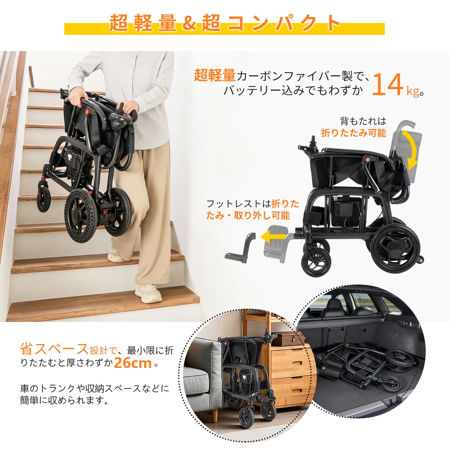 Care-Parents 電動車椅子 折り畳み 軽量 コンパクト カーボンファイバー 電動車いす 14kg 18km 全地形対応 左右手対応コントローラー 運転免許不要  リチウムバッテリー 介助用 自走式 高齢者用 車いす（CP-CN501）