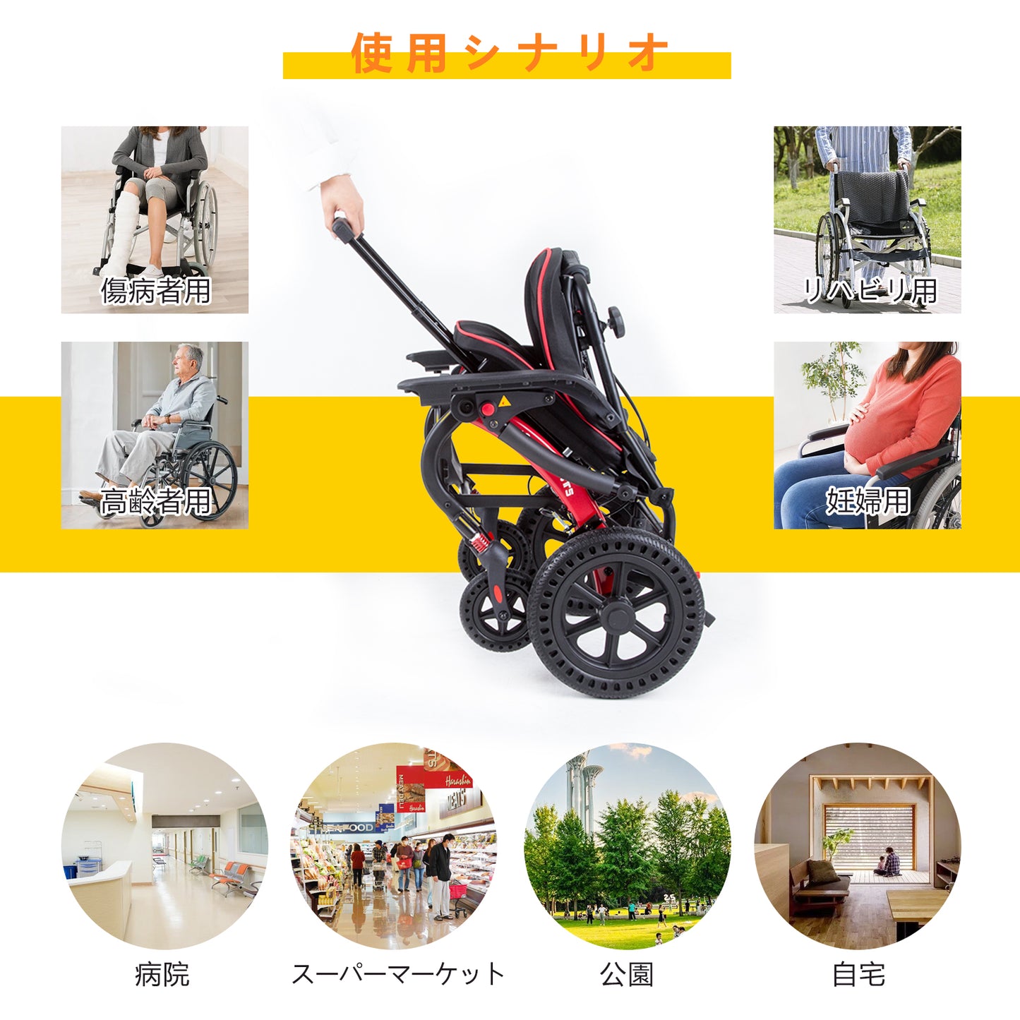 Care-Parents 車椅子 人間工学 軽量車椅子 折りたたみ式 介助用車いす アルミ製 コンパクト 耐荷重120kg W型座面 S型背もたれ 可伸縮キャリハンドル付き 介助ブレーキノーパンクタイヤ （CP-RT09Y）